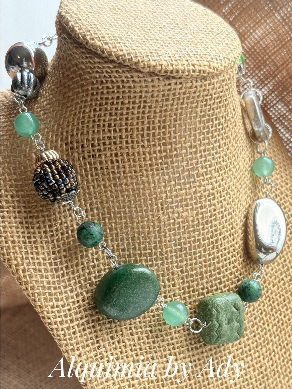 FALL + CHUNKY Green and Silver Mixed-Stone Necklace